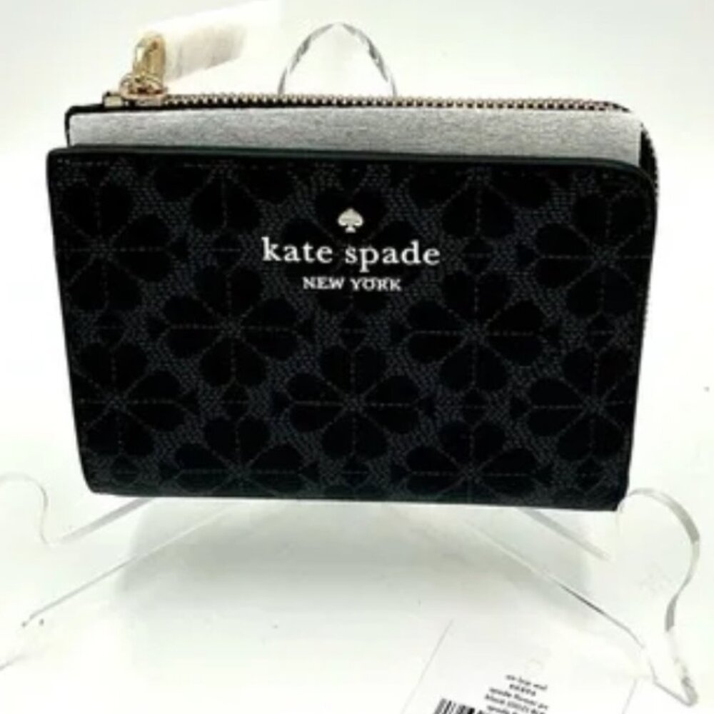 Kate Spade Black Grey Flower Small L-zip Wallet Floral Vegan Leather  NWT NEW